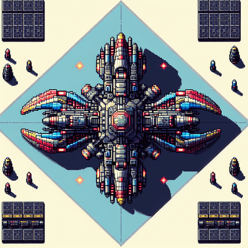 Top down shooter, alien space enemy craft, retro pixel art
Single Game Texture. In-Game asset. 2d. Blank background. High contrast. No shadows.