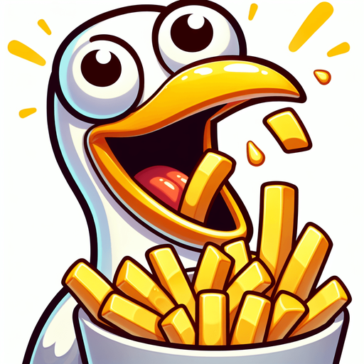 create a cartoon-style illustration of a seagul's face chomping down on fries make it comical..
Single Game Texture. In-Game asset. 2d. Blank background. High contrast. No shadows.