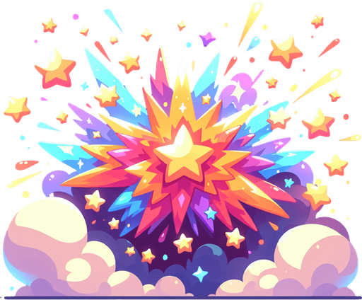 create a cartoon-style illustration of an explosion of stars.
Single Game Texture. In-Game asset. 2d. Blank background. High contrast. No shadows.