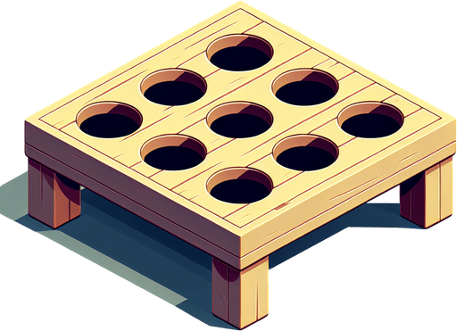 isometric table with empty whack-a-mole holes.
Single Game Texture. In-Game asset. 2d. Blank background. High contrast. No shadows.