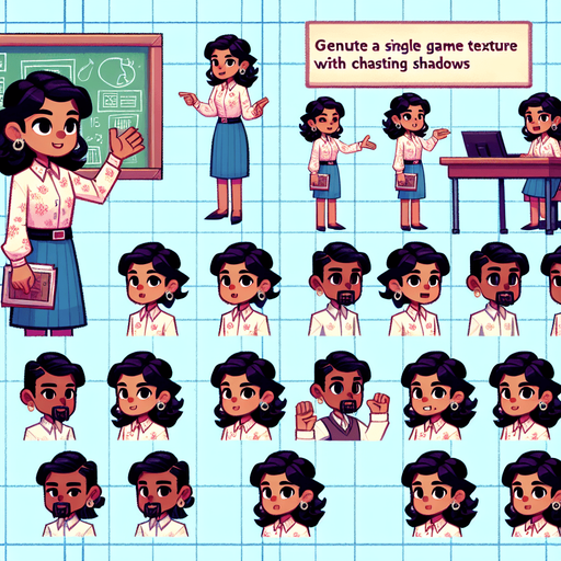 A spritesheet containing several poses of a young female teacher in front of her classroom..
Single Game Texture. In-Game asset. 2d. Blank background. High contrast. No shadows.