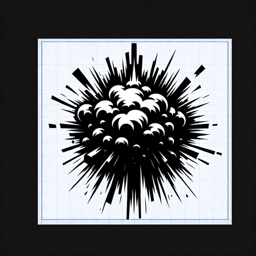 explosion, black and white.
Single Game Texture. In-Game asset. 2d. Blank background. High contrast. No shadows.