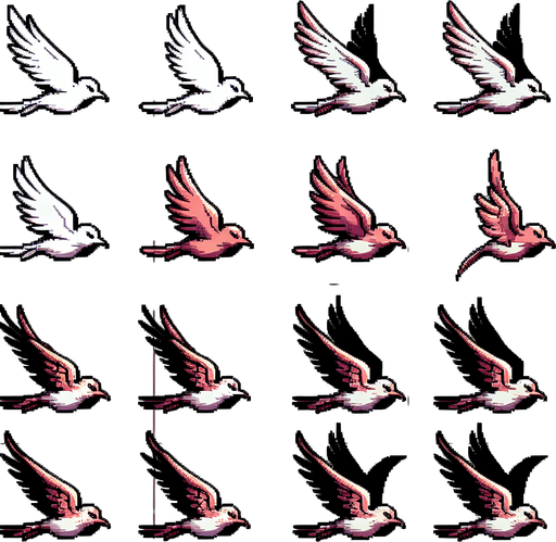 sprite sheet of a bird flying two positions, one with   wings up, one with wings down.
sprite sheet 2 x 2