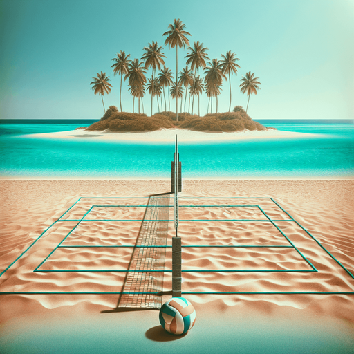 ground lateral view of a beach volley court on sand but without a net. palm trees on the sides. emrald beach on the background. clear sky.
NO BALL. NO NET. NO SUN.NO GLARE. Photorealsitic. symetrical.