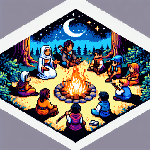 A campfire setting with a teacher and kids sitting down. Everyone dressed as wizards. I want the art style to reflect a classic 16-bit retro pixel art aesthetic, reminiscent of early 1990s RPGs with vibrant colors. The environment should have a rich, fantasy-themed design with intricate backgrounds and a nostalgic, old-school feel..
Single Game Texture. In-Game asset. 2d. Blank background. High contrast. No shadows.