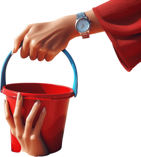 red beach bucket with a blue handle hold by two hands from its bottom..
photorealistic