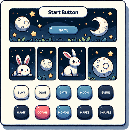 Rabbit and moon themed start button.
Single Game Texture. In-Game asset. 2d. Blank background. High contrast. No shadows.