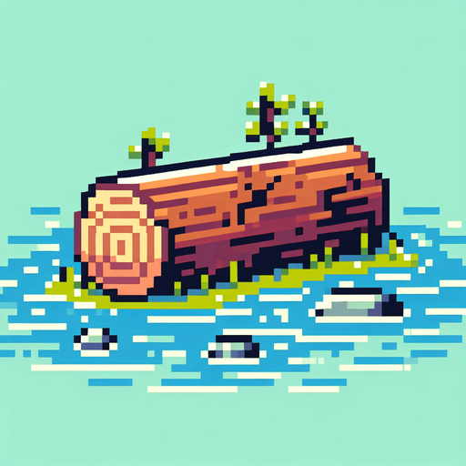 8 bit. cartoon. tree log. floating in the water.  in game asset. no background. Single Game Texture. In-Game asset. 2d. Blank background. High contrast. No shadows.