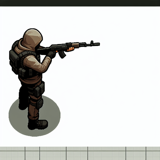 top down character with gun de dos.
Single Game Texture. In-Game asset. 2d. Blank background. High contrast. No shadows. topdown shooter