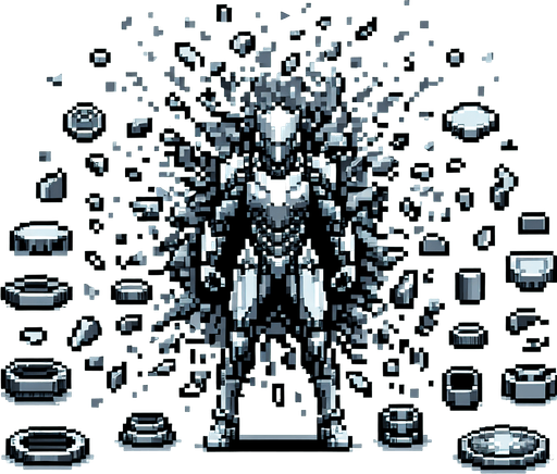 exploded silver fragments. pixelated. 8 bit.
Single Game Texture. In-Game asset. 2d. Blank background. High contrast. No shadows.