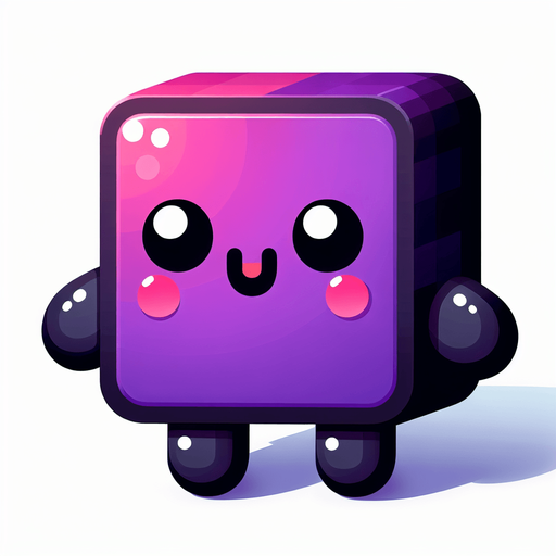 a cute purple square with two black arms and legs with a face and blush.
Single Game Texture. In-Game asset. 2d. Blank background. High contrast. No shadows.