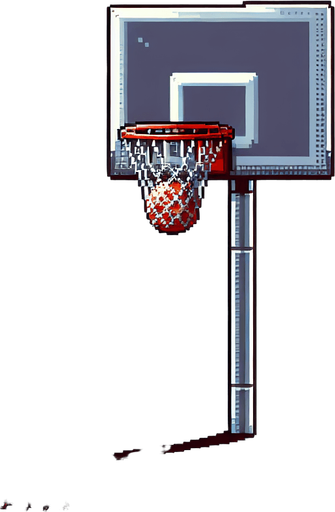 Basketball court. One basketball hoop with background and net is shown. Facing downcourt. 8-Bit style..
Single Game Texture. In-Game asset. 2d. Blank background. High contrast. No shadows.