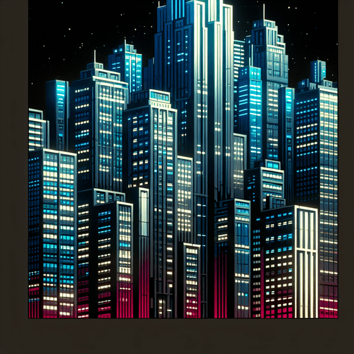 Neon cityscape, skyscraper, single vertical building , window panes.
Single Game Texture. In-Game asset. 2d. Blank background. High contrast. No shadows.