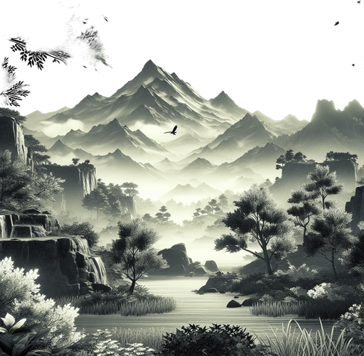 a japanees ninja game landscape background with montains far.