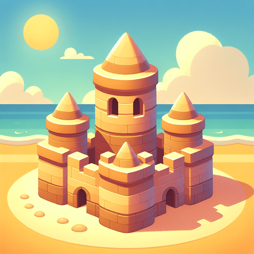 face view of a simple sandcastle with 2 flat towers on the sides and a central one a bit higher but flat too..
casual game style