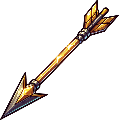 a long cartoon arrow with gold shaft and steel point
Single Game Texture. In-Game asset. 2d. Blank background. High contrast. No shadows.