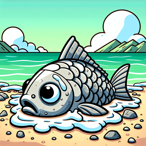 create a cartoon-style illustration of a fish ashore, front view.
Single Game Texture. In-Game asset. 2d. Blank background. High contrast. No shadows.