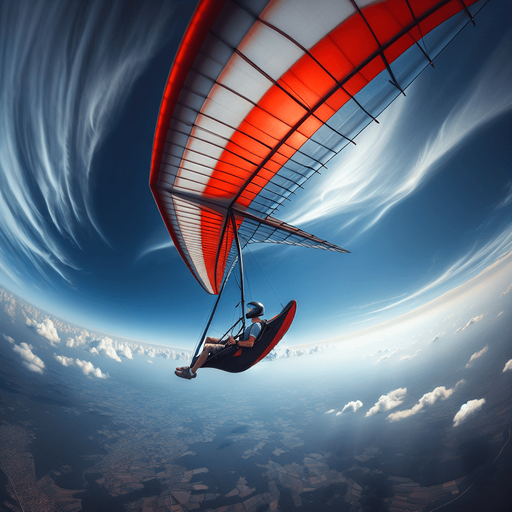 a hang glider flying.
full lateral view