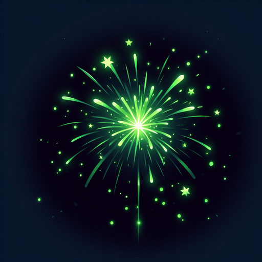 single green firework explosion . Single Game Texture. In-Game asset. 2d. Blank background. High contrast. No shadows.