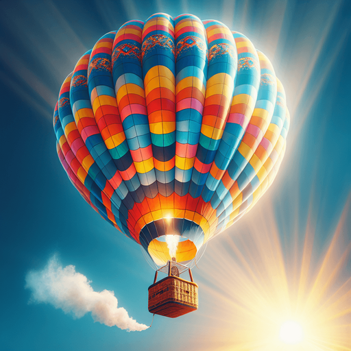 a full hot air balloon with a basket flying to the right.