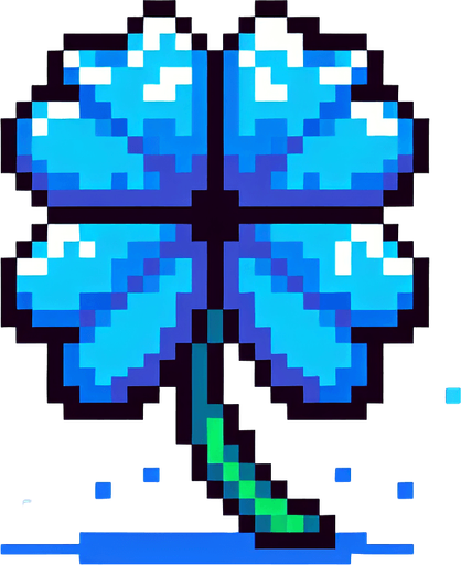 pixel art of a 4 leaf sky blue clover..
Single Game Texture. In-Game asset. 2d. Blank background. High contrast. No shadows.