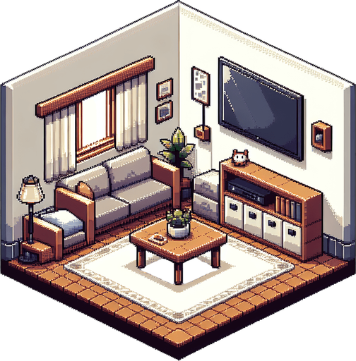 pixel art living room.
Single Game Texture. In-Game asset. 2d. Blank background.