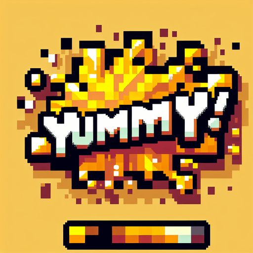 Pixelart - a cool splash screen style text saying 'Yummy!' golden yellow brown honey colors..
Single Game Texture. In-Game asset. 2d. Blank background. High contrast. No shadows.