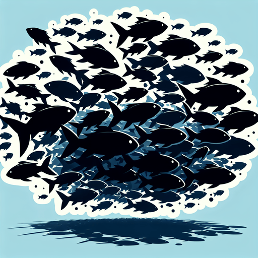 Create a cartoon-style illustration of a dark silhouette of a shoal of fish, side profile..
Single Game Texture. In-Game asset. 2d. Blank background. High contrast. No shadows.