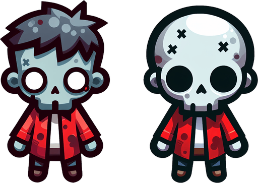 cute zombie in red.
Single Game Texture. In-Game asset. 2d. Blank background. High contrast. No shadows. top down view. bird view