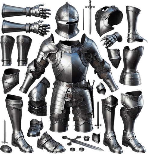 suit of armour, no background.
Single Game Texture. In-Game asset. 2d. Blank background. High contrast. No shadows.