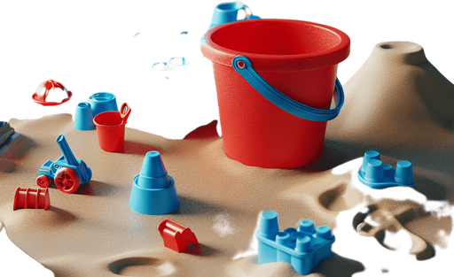 beach construction toys. red bucket with blue handle..
photorealistic