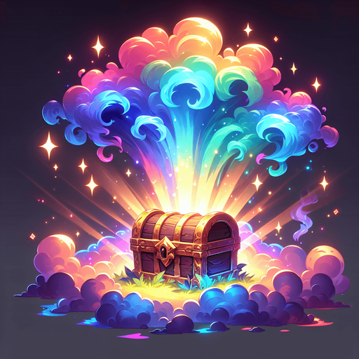 Magical treasure chest surrounded by a gaseous aura of rainbow colored magical energy..
Single Game Texture. In-Game asset. 2d. Blank background. High contrast. No shadows.