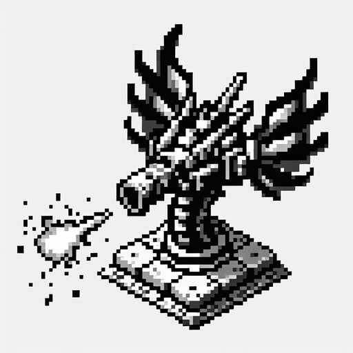 dragon shaped firing turret. top-down bird-eye perspective seen directly from above. 8-bit pixelated.
Single Game Texture. In-Game asset. 2d. Blank background. High contrast. No shadows.