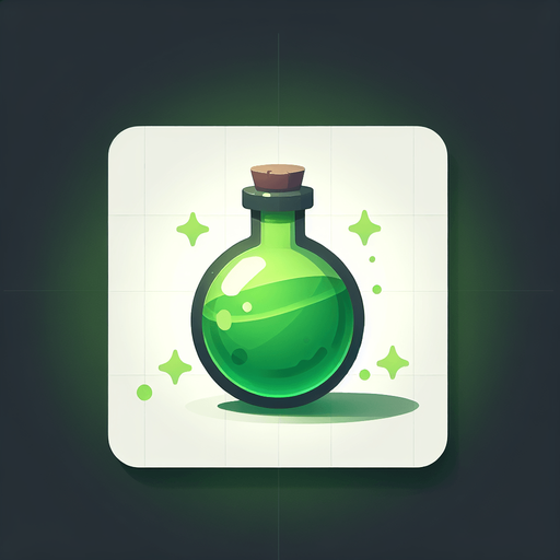 potion magique verte.
Single Game Texture. In-Game asset. 2d. Blank background. High contrast. No shadows.