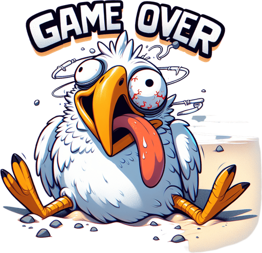 Create a close-up cartoon-style illustration of an dizzy seagull with his tongue sticking out on an empty sandy beach. The goal is to capture a lively and playful game over screen. Make sure 'game over' is written..
Single Game Texture. In-Game asset. 2d. Blank background. High contrast. No shadows.