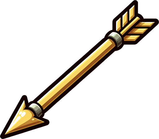 a long cartoon arrow with gold shaft and steel point
Single Game Texture. In-Game asset. 2d. Blank background. High contrast. No shadows.