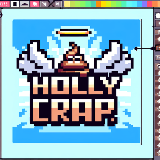 text saying "Holy Crap!" against a divine angelic poop banner. pixelated. 8-bit.
Single Game Texture. In-Game asset. 2d. Blank background. High contrast. No shadows.