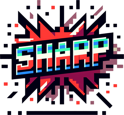 colored text saying (SHARP).
 Single Game Texture. In-Game asset. 2d. Blank background. High contrast. No shadows. pixelated. 8 bit. retro