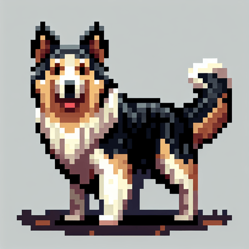 A 2D pixel shepherd dog transparent.
Single Game Texture. In-Game asset. 2d. Blank background. High contrast. No shadows.