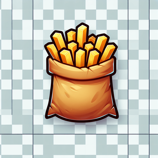 Create a cartoon-style illustration of fries in a brown bag. The goal is to capture a lively and playful object. Front perspective.
Single Game Texture. In-Game asset. 2d. Blank background. High contrast. No shadows.