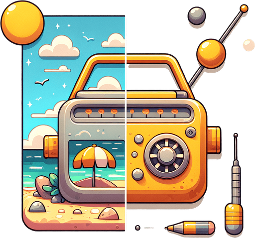 Create a cartoon-style illustration of a mix of a beach radio. Front View.
Single Game Texture. In-Game asset. 2d. Blank background. High contrast. No shadows.