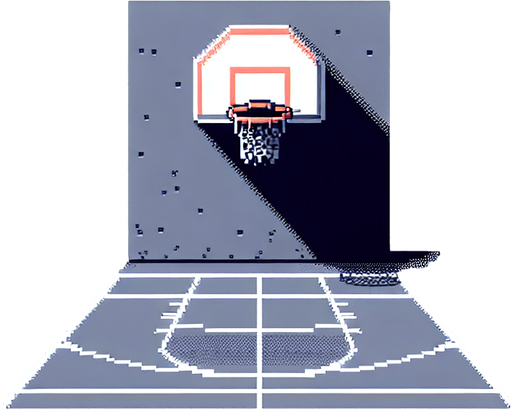 Basketball court. One basketball hoop with background and net is shown. Facing downcourt. 8-Bit style..
Single Game Texture. In-Game asset. 2d. Blank background. High contrast. No shadows.