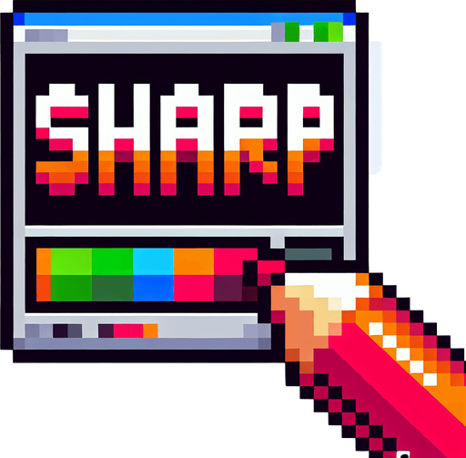 colored text saying (SHARP).
 Single Game Texture. In-Game asset. 2d. Blank background. High contrast. No shadows. pixelated. 8 bit. retro