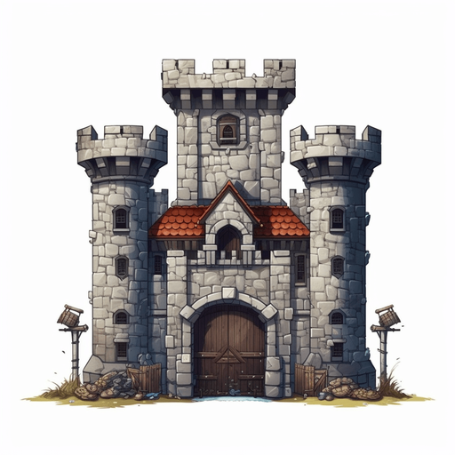 Full view Hero stronghold with gate at the right.
Game Texture. In-Game asset. 2d. Pixelart. White background. Blank background. Low detail. High contrast.