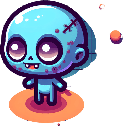 cute zombie character.
Single Game Texture. In-Game asset. 2d. Blank background. High contrast. No shadows. top down view. view from above. bird view