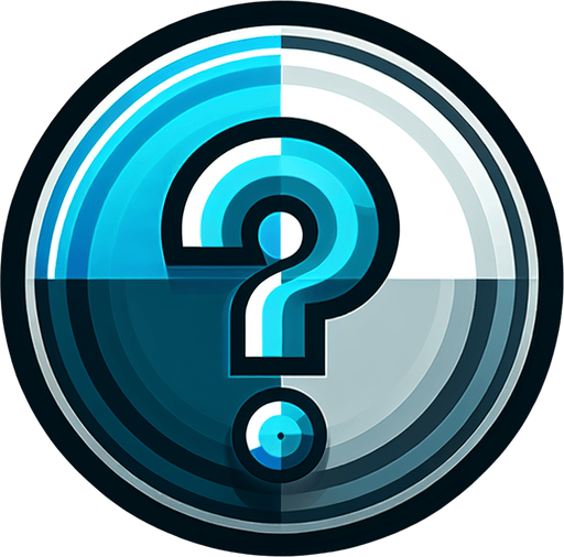 A round button with a cyan interrogation mark..
Single Game Texture. In-Game asset. 2d. Blank background. High contrast. No shadows.