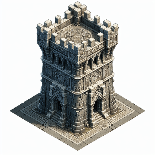 a medieval style stone tower. top down view. Single Game Texture. In-Game asset. 2d. Blank background. High contrast. No shadows.