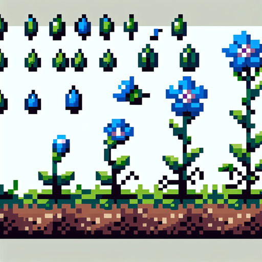 pixel art sprite sheet of a growing plant with two blue flowers.
In-Game asset. 2d. Blank background. High contrast. No shadows.