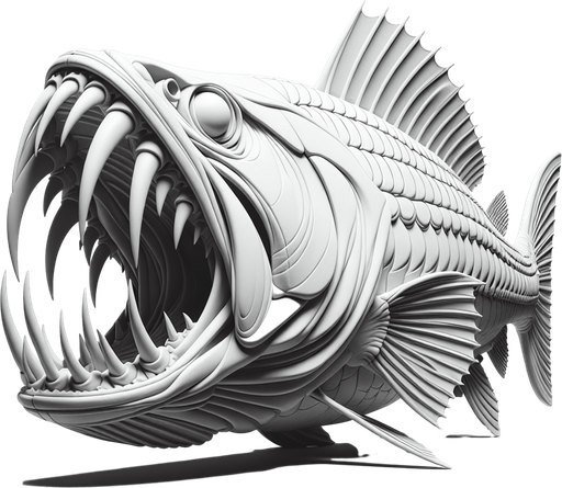 Classic fish with fangs mouth closed lateral view..
2024 game style. Photorealistic. Full side view.