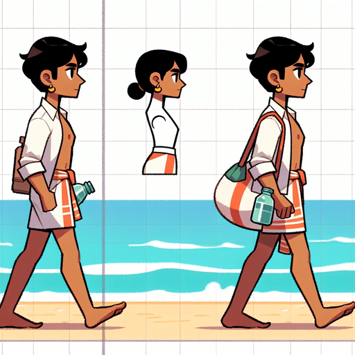 Create a cartoon-style illustration of a beach gooer walking on the beach, side profile.
Single Game Texture. In-Game asset. 2d. Blank background. High contrast. No shadows.